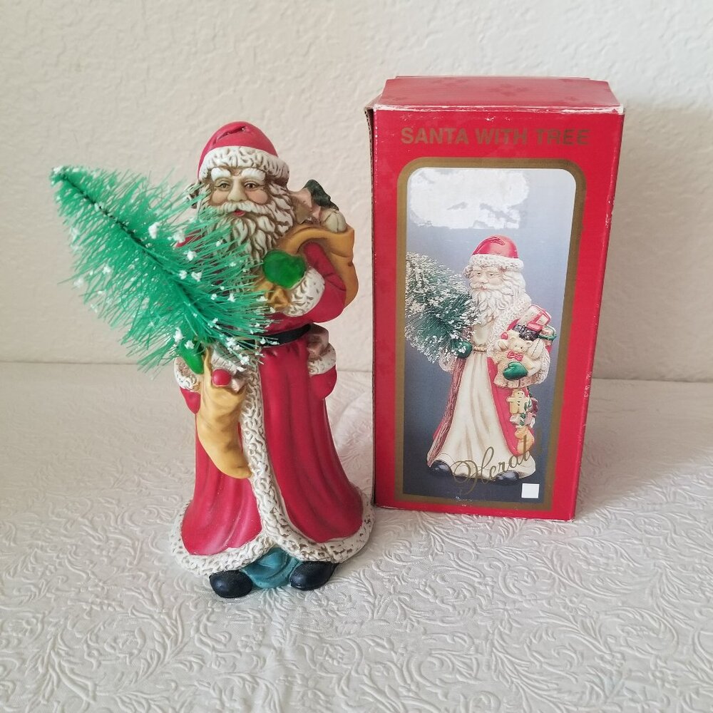 Vintage Harold Collection 8" Ceramic Santa Clause Hat Holding Christmas Tree
